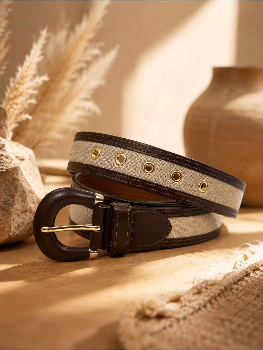 Jason Wu Beige Canvas Belt with Dark Brown Leather & Gold Hardware